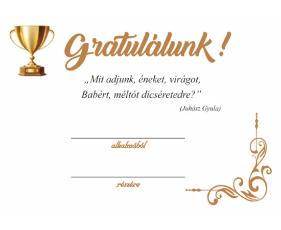 Gratuláló alkalmi érem serleggel, névre szóló ajándékkártyával, díszborítékban