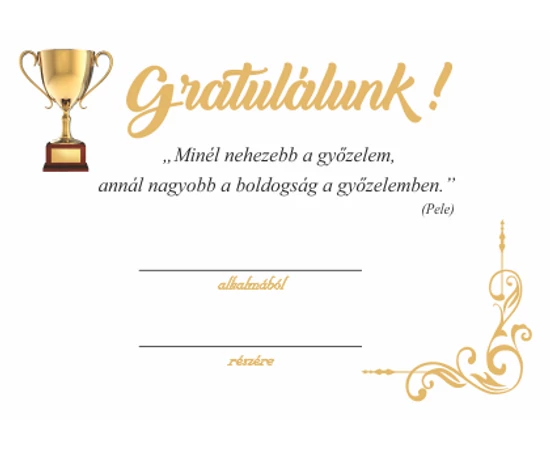 Gratuláló alkalmi érem csillagos serleggel, névre szóló ajándékkártyával, díszborítékban