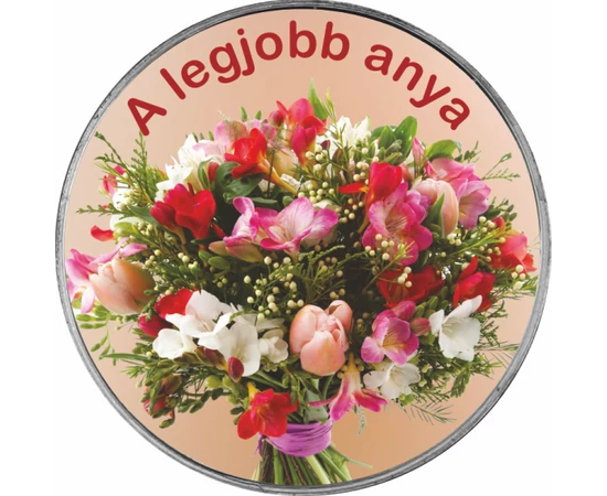 // Édesanyák köszöntése alkalmi éremmel, díszcsomagolva, frézia csokor, színezett érem, díszcsomagolásban //