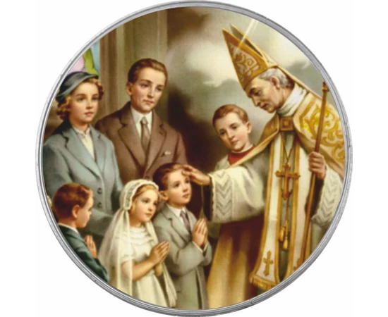 // Első áldozás alkalmi érem (katolikus) névre szóló ajándékkártyával, díszborítékban, színezett érem, díszborítékban //