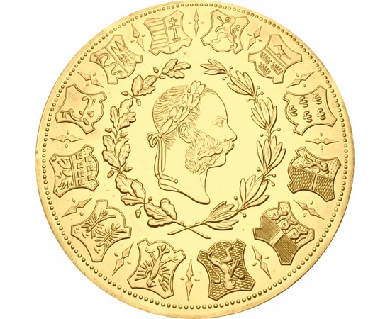 // eredeti érme 4 dukát, Különleges, nagy aranysúlyú lövészérem, aranyozott rézötvözet, eredeti érme Bécs, eredeti érme 1873 // 1873-ban volt 100 éves a bécsi lövész egyesület. Ez alkalomból verette Ferenc József császár ezt a 4 dukát, azaz 14 g súlyú ara