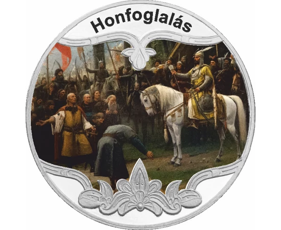 // Honfoglalás, emlékérem, HF-06-1910, emlékérem, tükörveret, 84,99 lej // A legendák egy mára letűnt életről, a sztyeppéket uraló nomád népről mesélnek. A festett, színezüsttel gazdagon bevont emlékérem egy ősmagyar legendát jelenít meg, Munkácsy Mihály