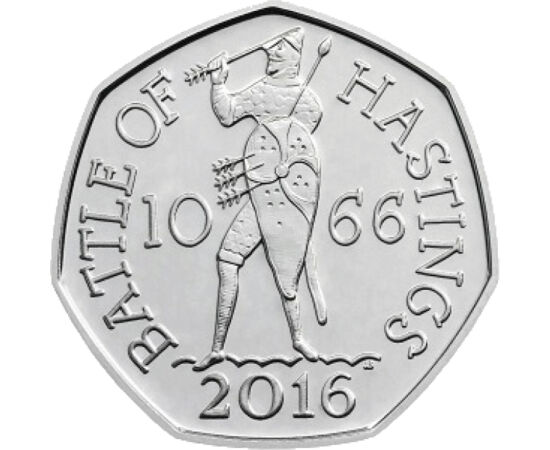 // 50 penny, Nagy Britannia, 2016 // - 950 éve, 1066-ban folyt a Hastings-i csata, melyben II. Harold király országát és életét vesztette. Angliát Normandiai Vilmos hódította meg. Az érme a hódítást elregélő 930 éves, 70 méter hosszú falikárpitról vette á