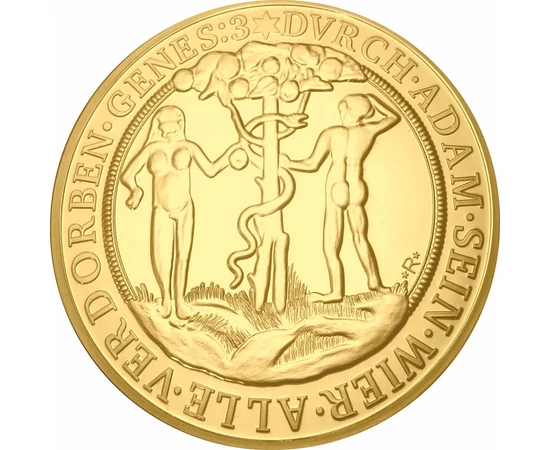 // eredeti érme: 6 dukát, Ádám és Éva a Paradicsomban, színarannyal bevont rézötvözet, eredeti érme: Habsburg birodalom, eredeti érme: 1557 // Az 1557-ben vert eredeti 6 dukát, azaz 20,75 g súlyú aranyérme I. Ferdinánd magyar király rendeletére készült. E