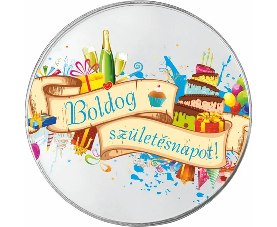 Születésnapi alkalmi érem névre szóló ajándékkártyával, díszcsomagolva