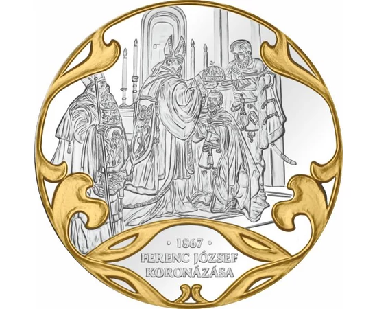 // színarannyal díszített ezüstözött érem, Ferenc József megkoronázása, Cu, ,  // FERENC JÓZSEF koronázása a Kiegyezés után, 1867-ben
