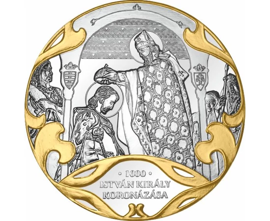 színarannyal díszített ezüstözött érem, Szent István koronázása 1000-ben